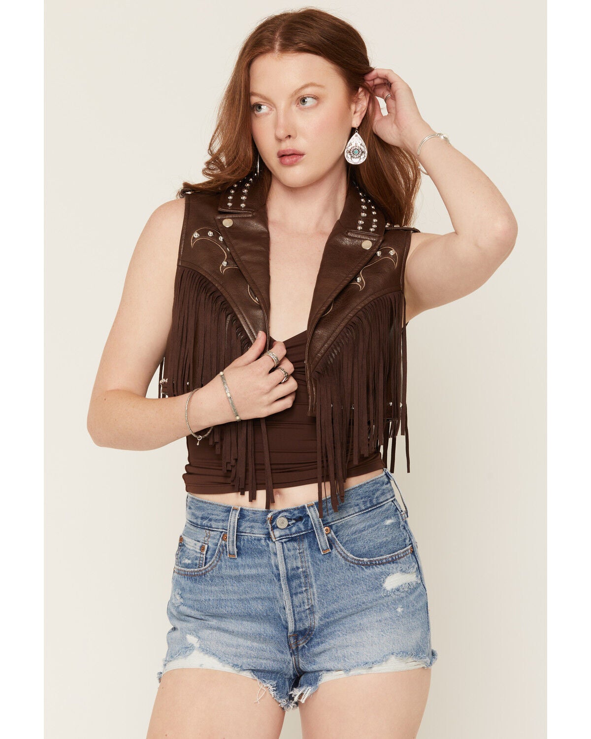 Women's Azalea Wang Reeceann Faux Leather Studded Fringe Cropped Vest