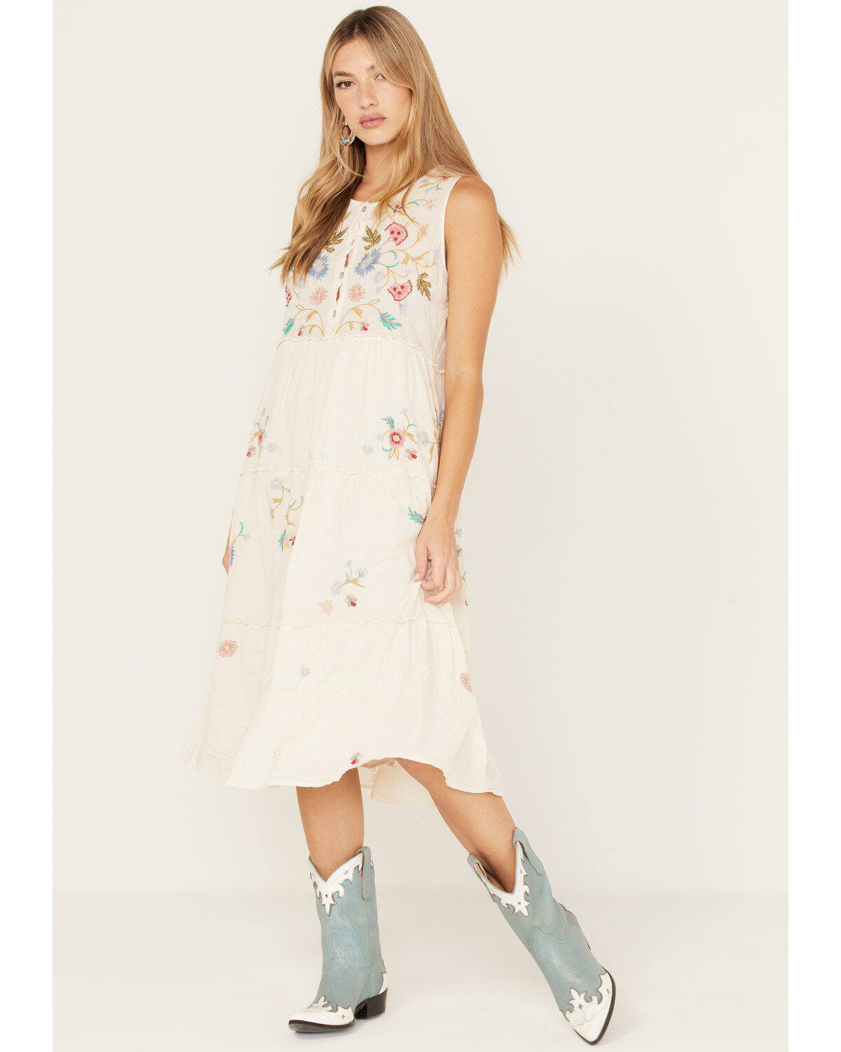 Women's Johnny Was Zanzibar Tiered Embroidered Midi Dress