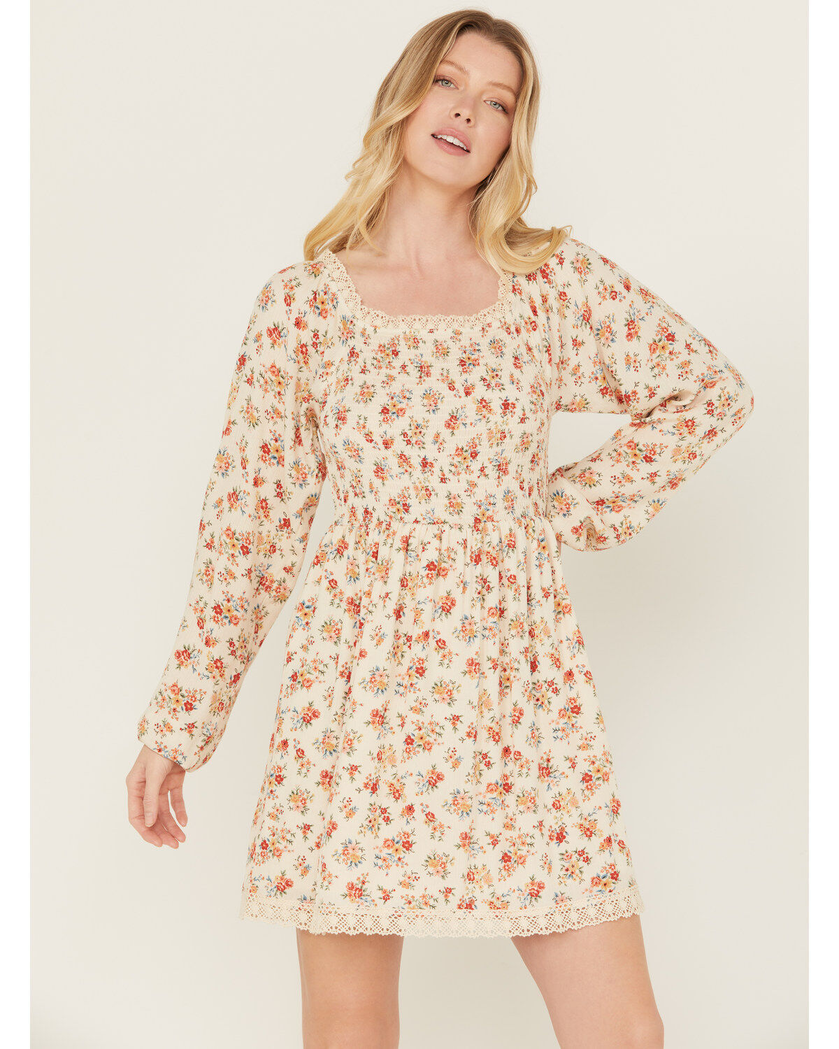 Women's Wild Moss Floral Print Smocked Long Sleeve Mini Dress