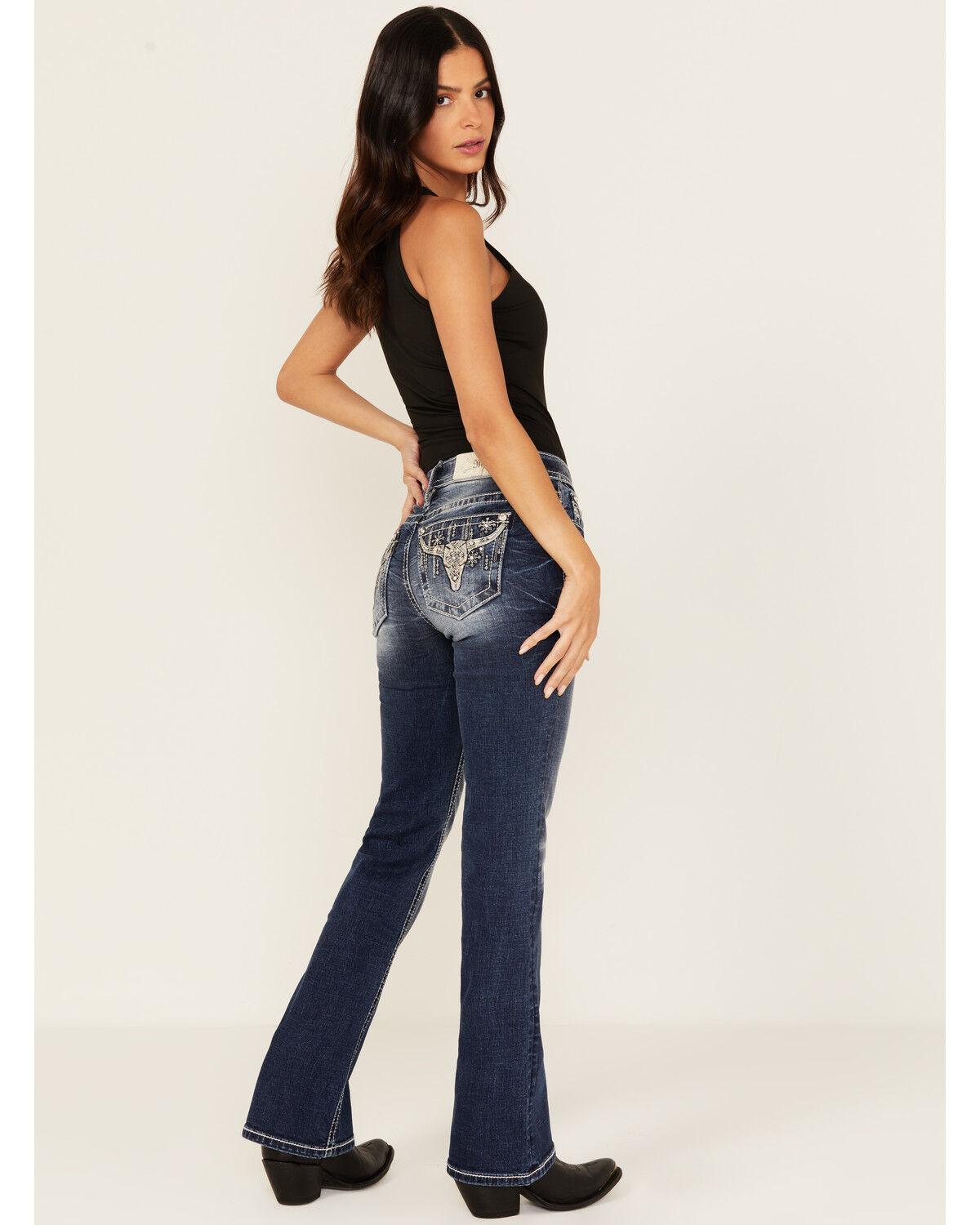 Women's Miss Me Dark Wash Mid Rise Steer Head Pocket Bootcut Stretch D