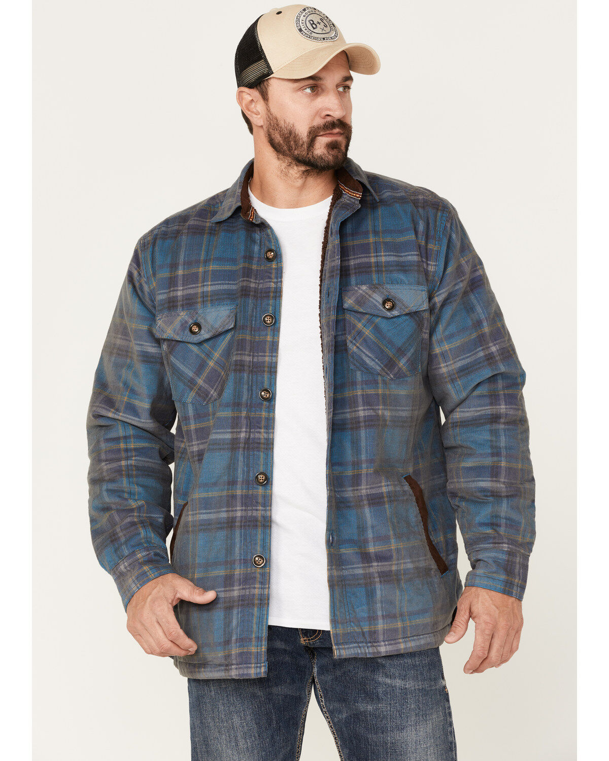 Men's Sculy Plaid Print Corduroy Sherpa Lined Button Jacket