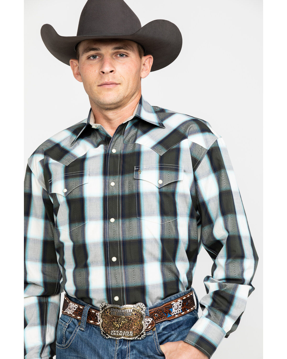 Men's Stetson Gray Large Plaid Long Sleeve Western Shirt