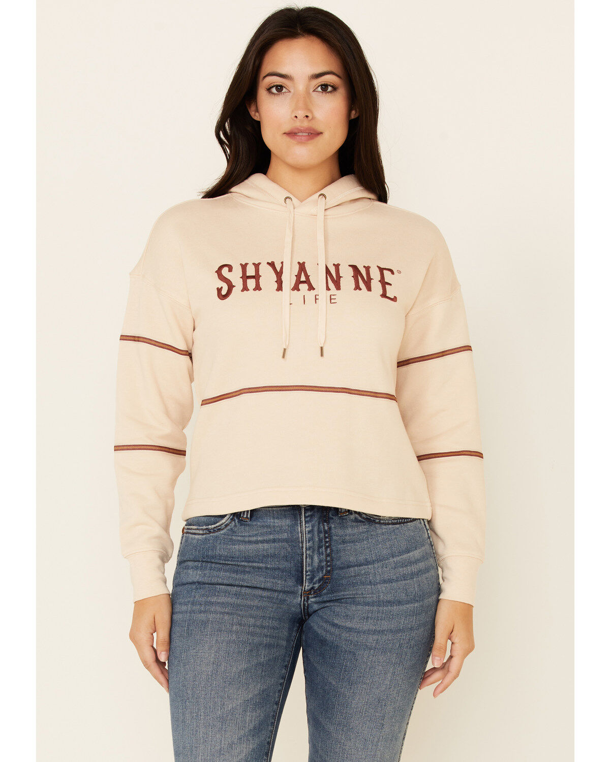 Women's Shyanne Tan & White Embroidered Logo Crop Hoodie