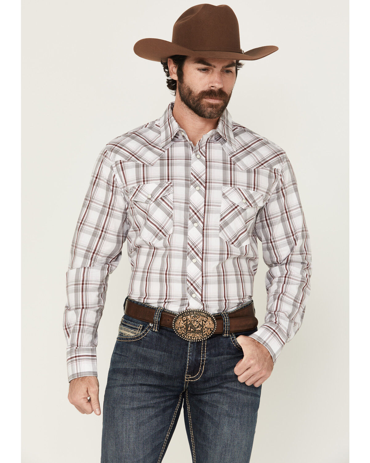 Men's Wrangler 20X Plaid Print Long Sleeve Snap Stretch Western Shirt