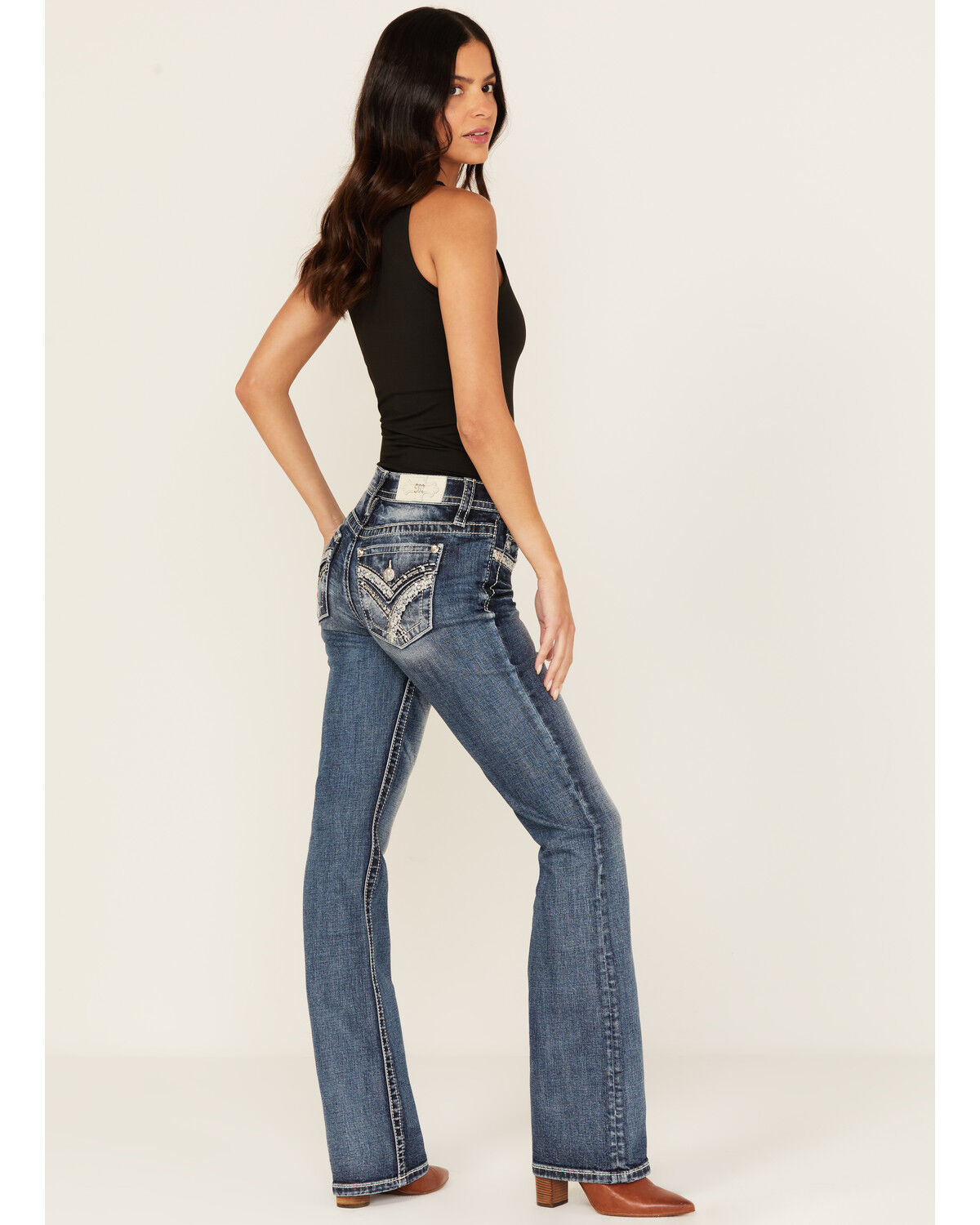 Women's Miss Me Medium Wash Embroidered Bootcut Stretch Denim Jeans