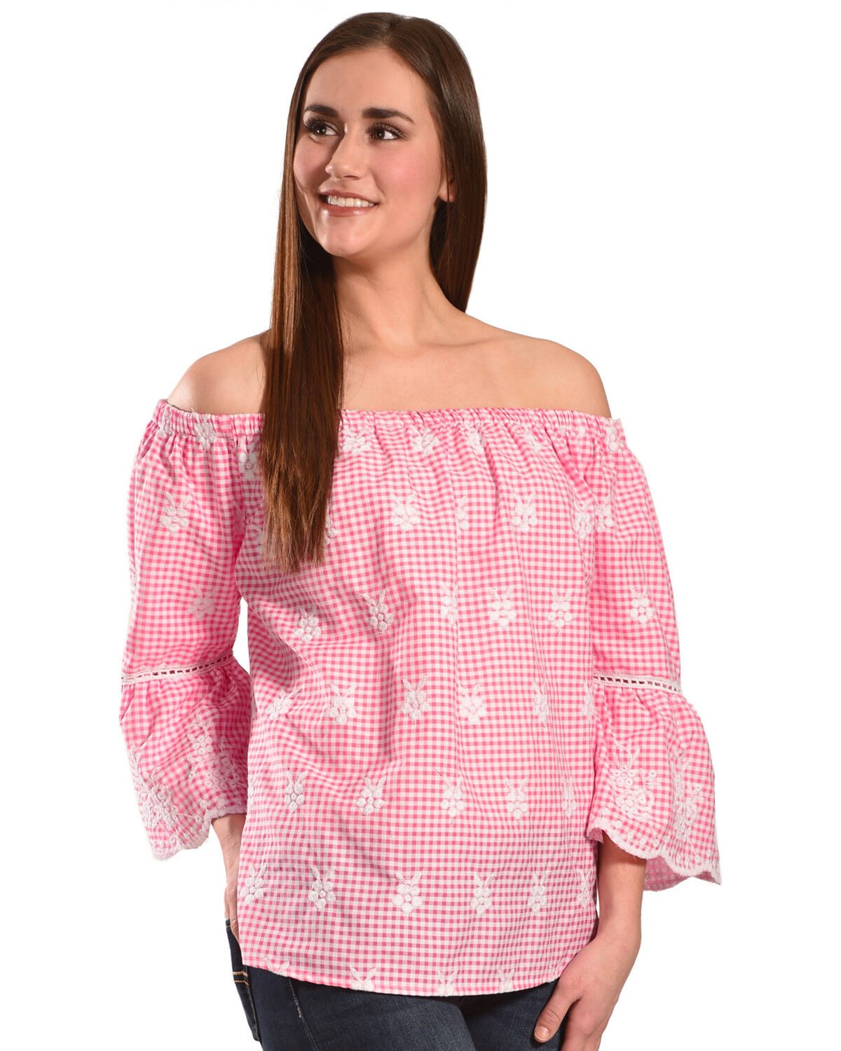 Women's New Direction Sport Embroidered Gingham Off-The-Shoulder Top