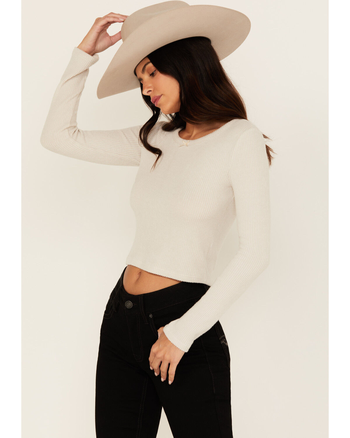 Women's Originality Solid Rib Knit Long Sleeve Cropped Shirt