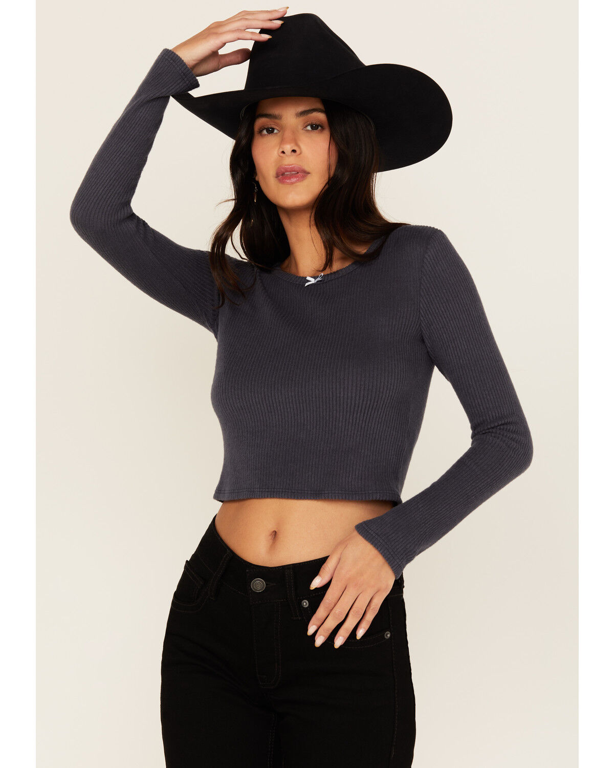 Women's Originality Solid Rib Knit Long Sleeve Cropped Shirt