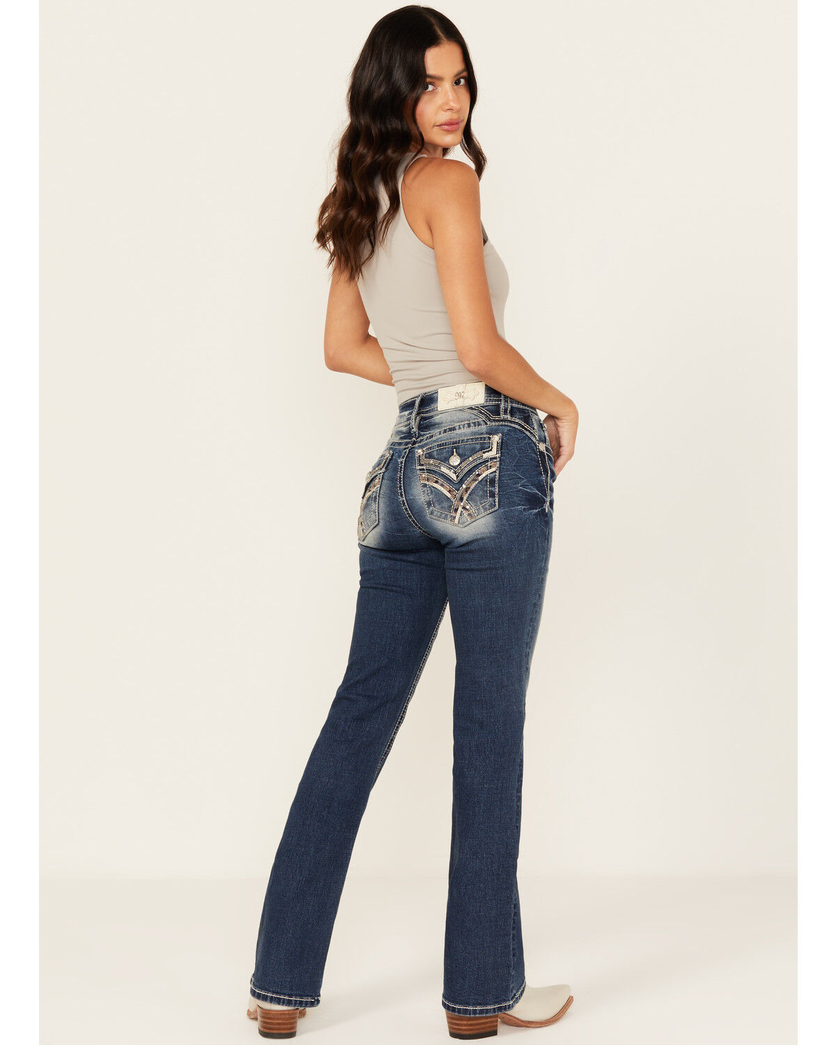 Women's Miss Me Dark Wash Embroidered Bootcut Stretch Denim Jeans