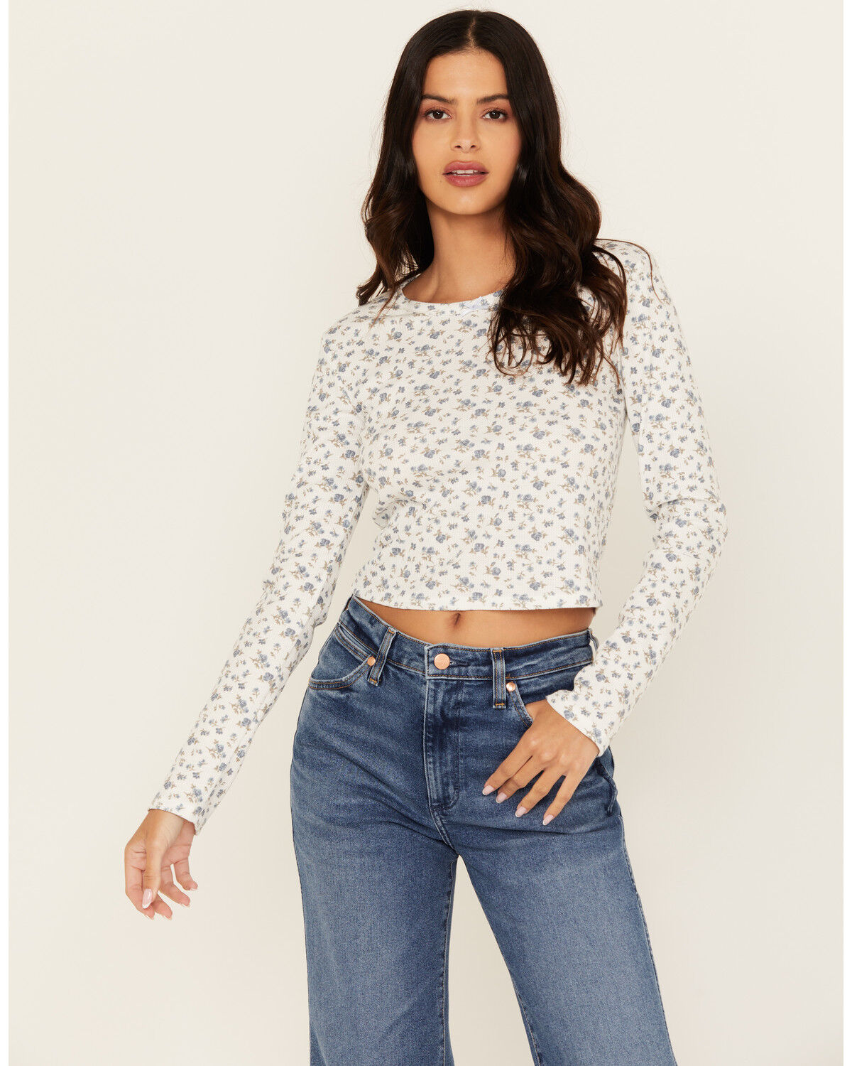 Women's Originality Floral Print Long Sleeve Cropped Tee