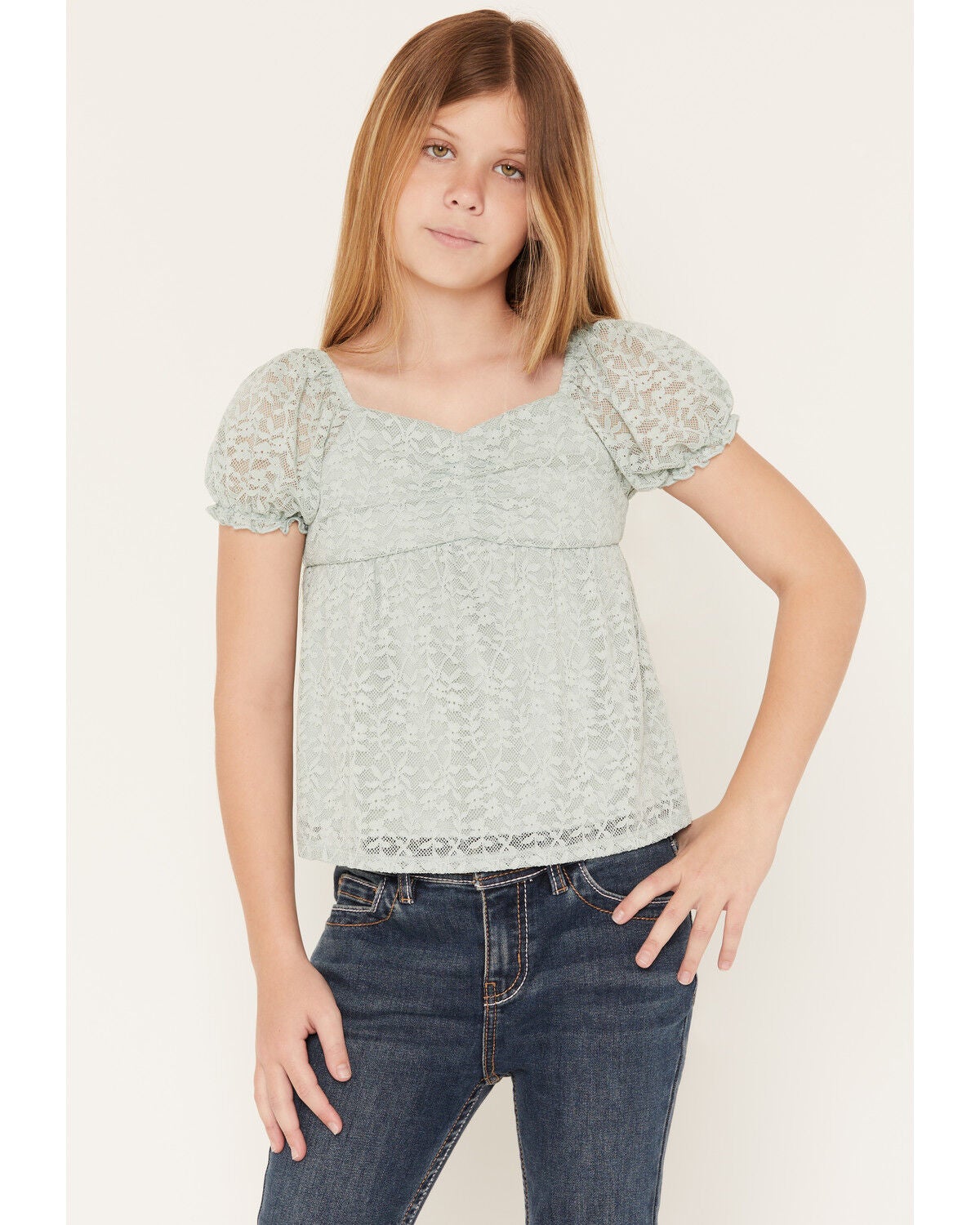 Girls' Sugar California Lace Short Puff Sleeve Shirt