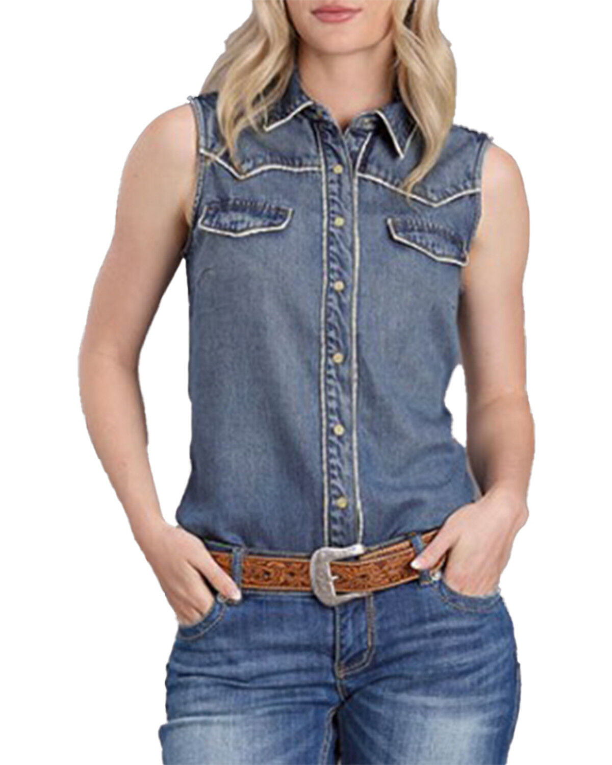 Women's Stetson Medium Wash Sleeveless Snap Denim Shirt