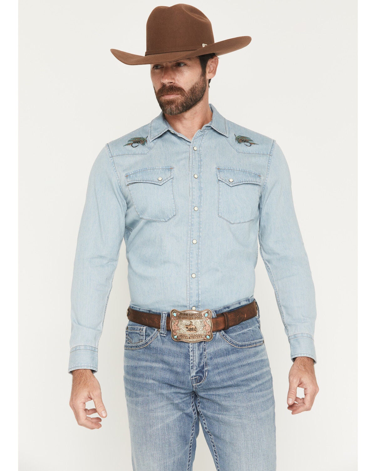 Men's Pendleton Light Wash Wash Gambler Long Sleeve Snap Denim Western