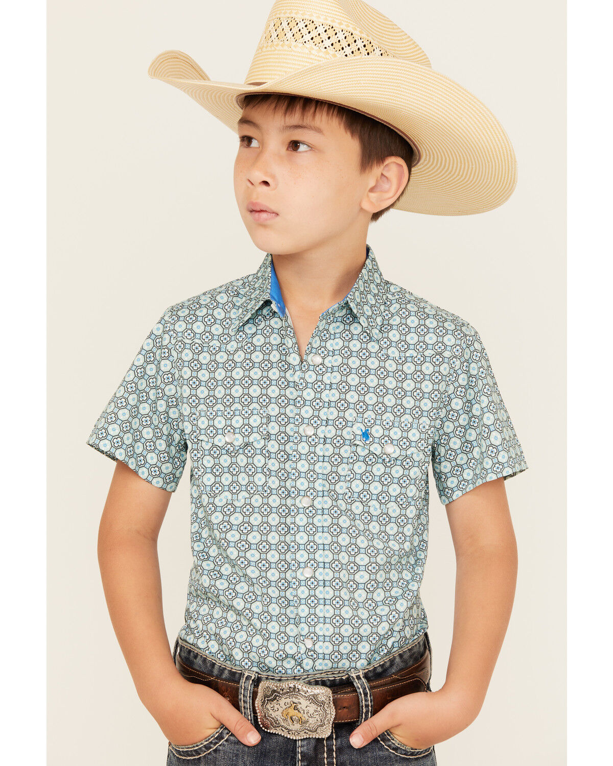 Boys' Rodeo Clothing Medallion Print Short Sleeve Pearl Snap Western S