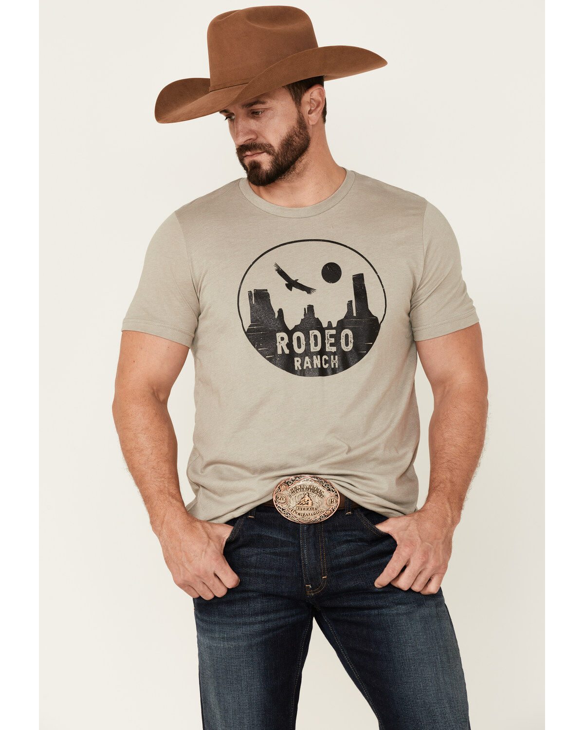 Men's Rodeo Ranch Heather Stone Desert Canyon Circle Graphic Short Sle