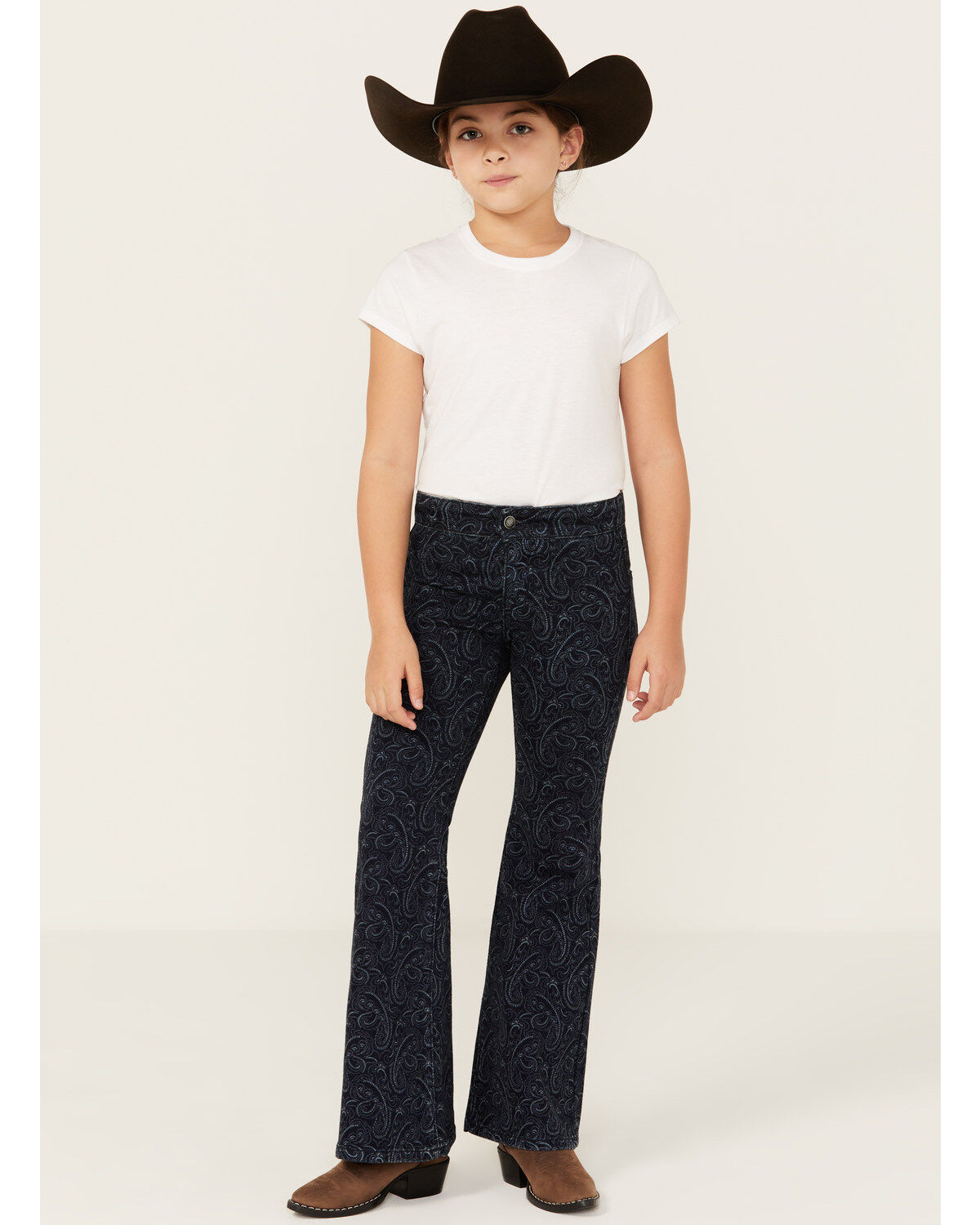 Girls' Rock & Roll Denim Dark Wash Paisley Print Button Stretch Flare