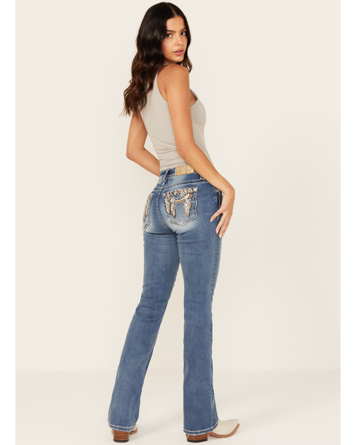 Women's Miss Me Dark Wash Mid Rise Dream Catcher Pocket 32" Bootcut St