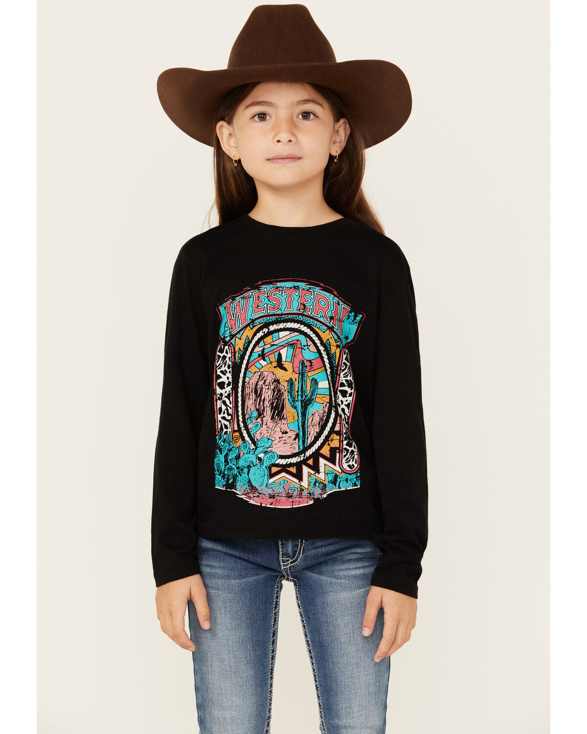 Girls' Rock & Roll Denim Western Cactus Long Sleeve Graphic Tee