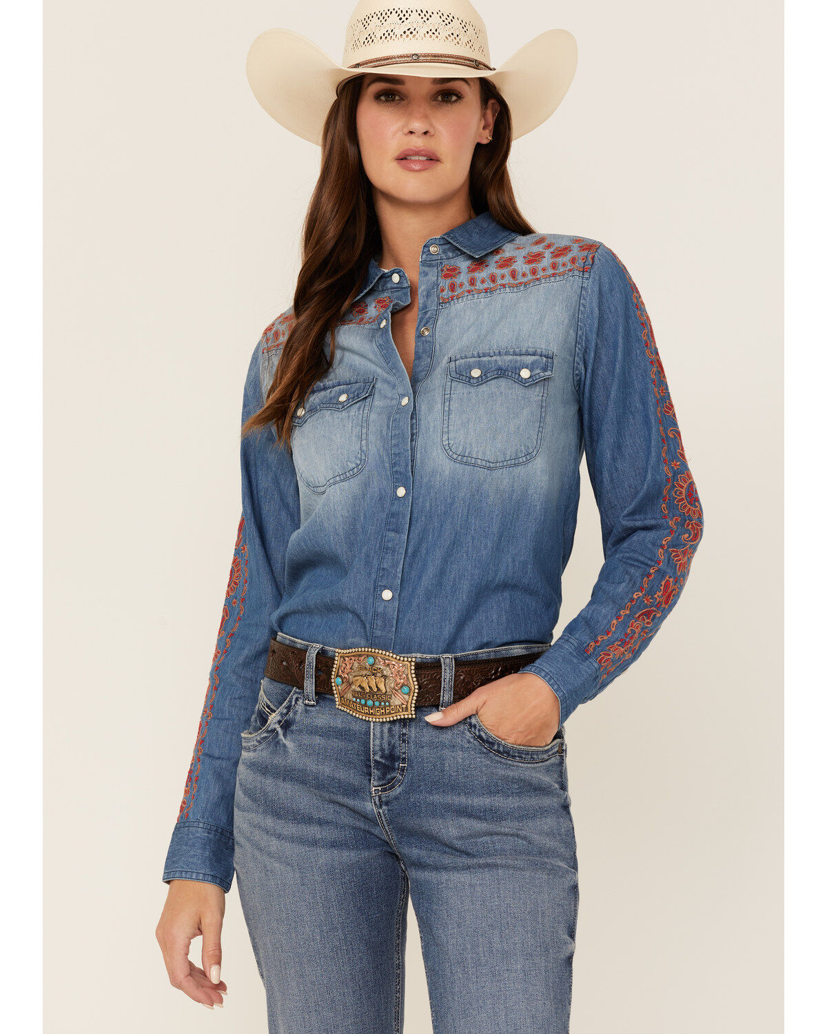 Women's Tasha Polizzi Embroidered Paisley Denim Long Sleeve Shirt