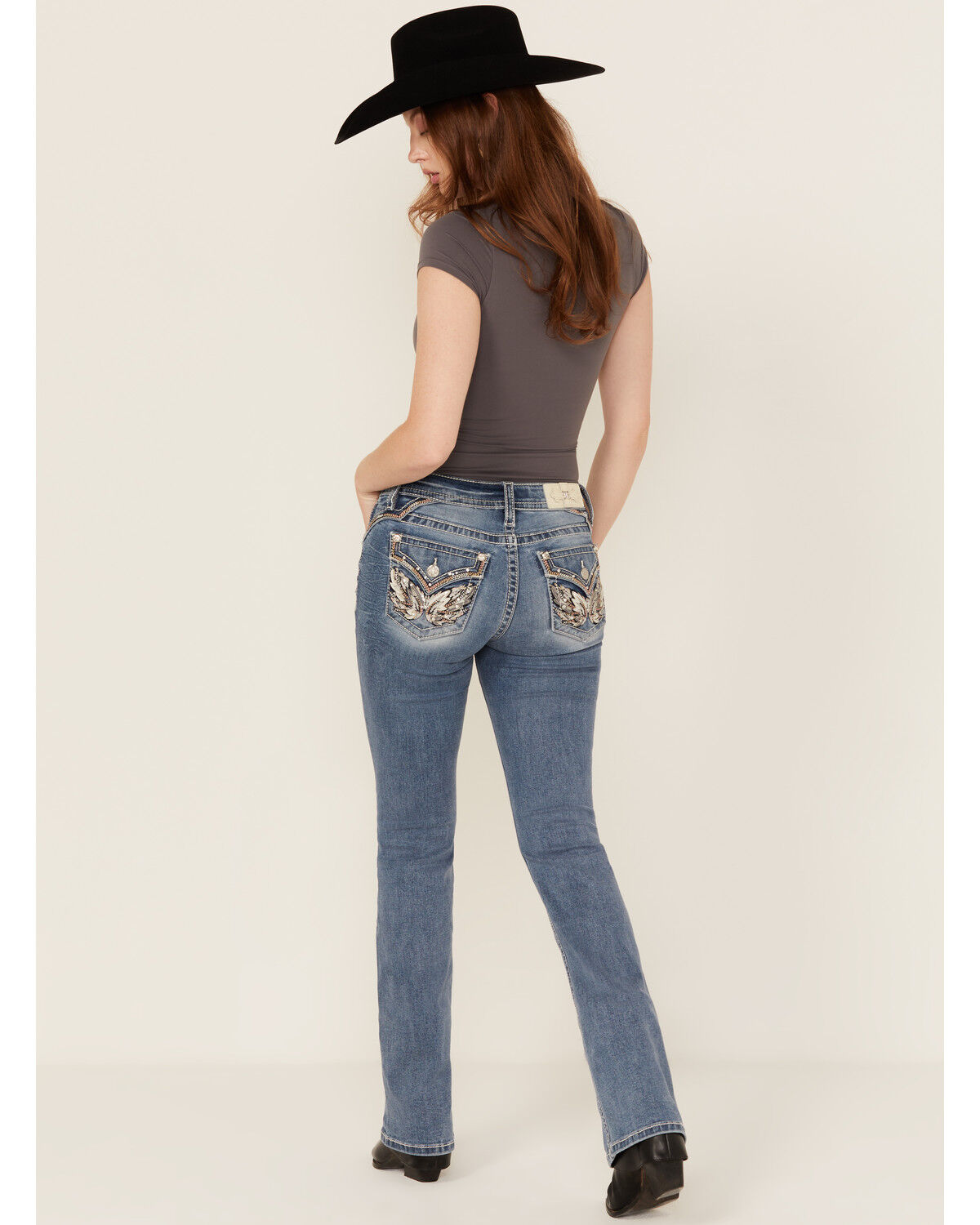 Women's Miss Me Medium Wash Wing Embroidered Bootcut Stretch Jeans