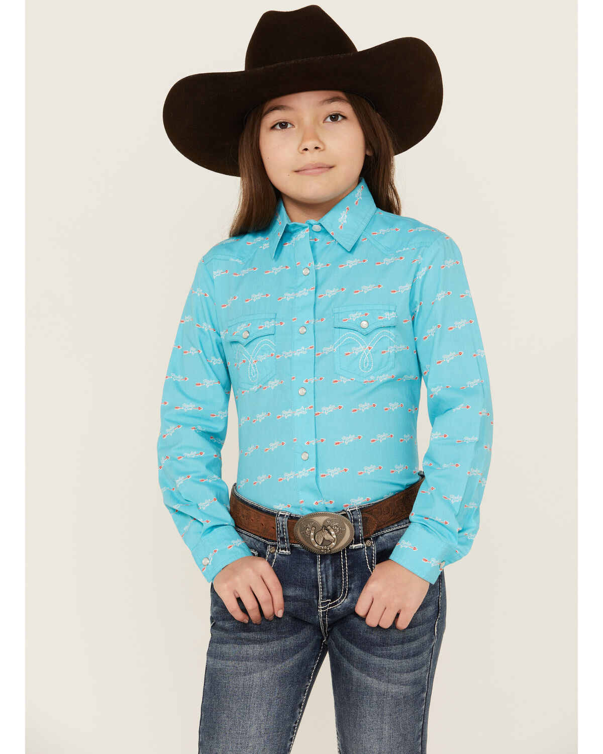 Girls' Panhandle Rodeo Arrow Print Long Sleeve Pearl Snap Western Shir