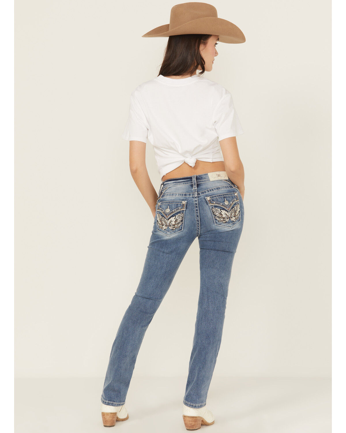 Women's Miss Me Medium Wash Wing Embroidered Bootcut Stretch Jeans