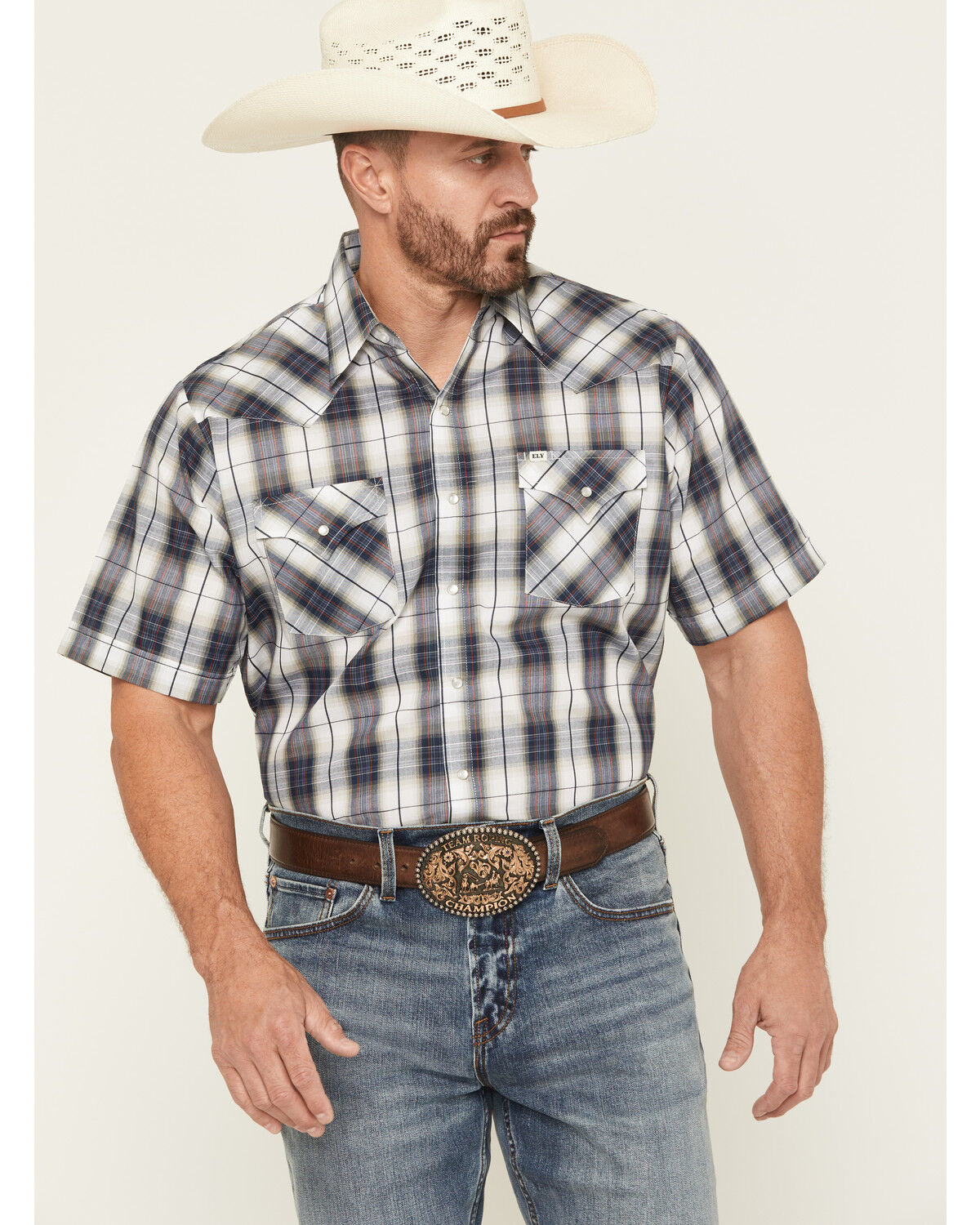 Men's Ely Walker Plaid Print Short Sleeve Snap Western Shirt