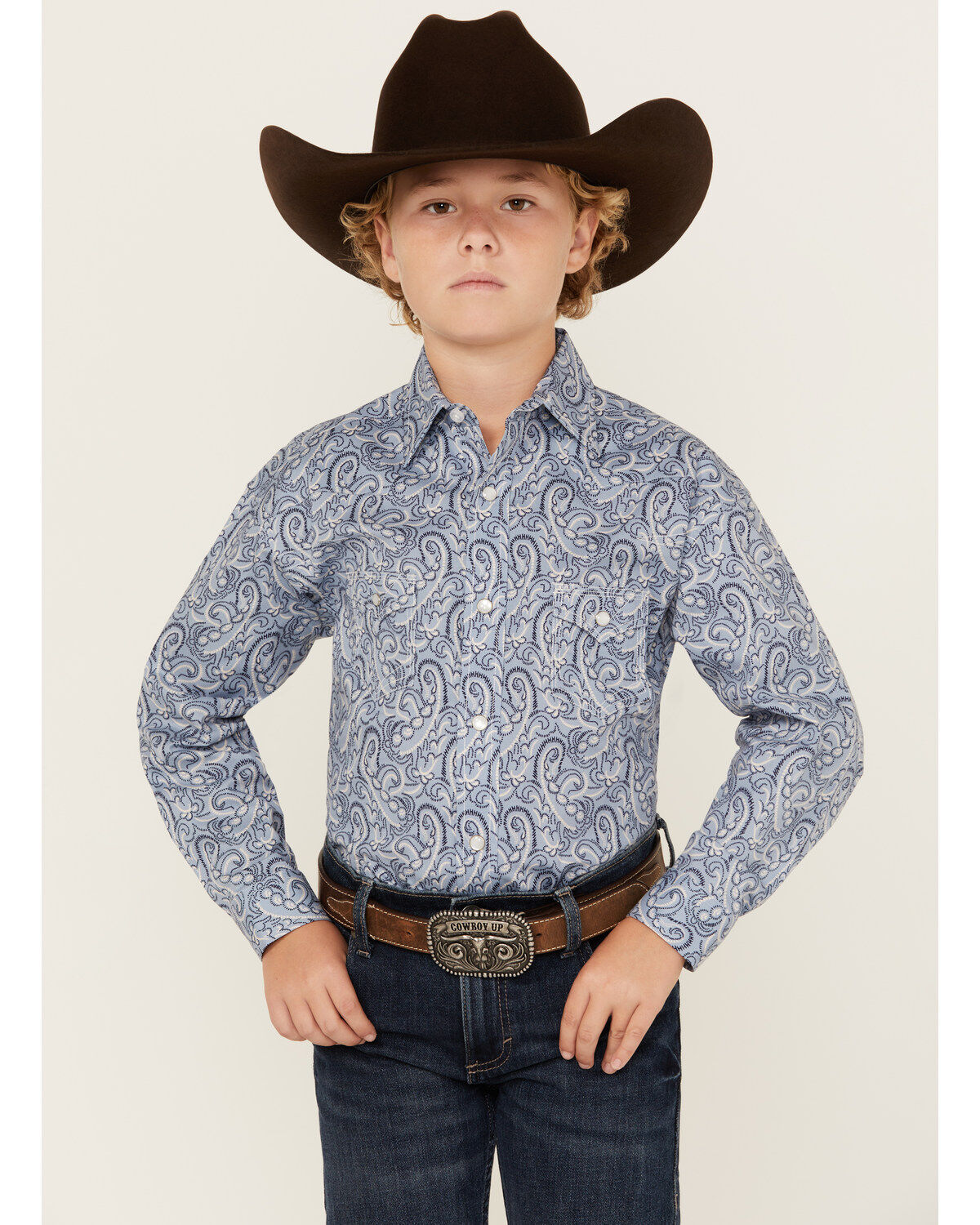 Boys' Rock & Roll Denim Paisley Print Long Sleeve Pearl Snap Stretch W