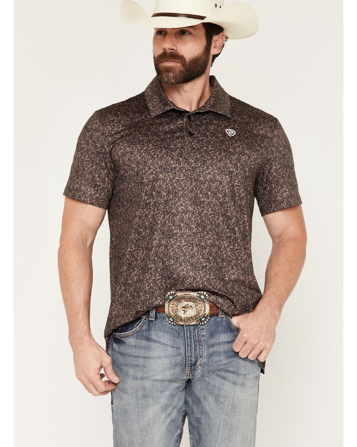 Men's Rock & Roll Denim Camo Print Short Sleeve Button-Down Stretch Po