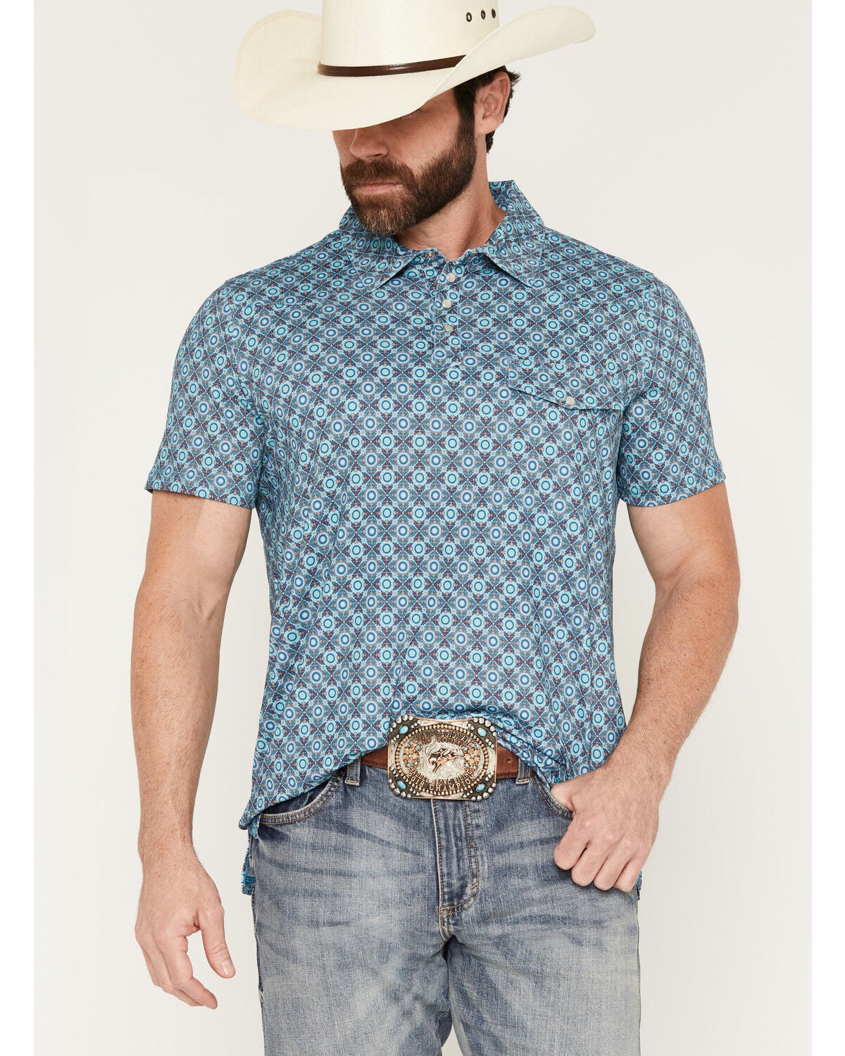 Men's Rock & Roll Denim Medallion Print Short Sleeve Pearl Snap Polo