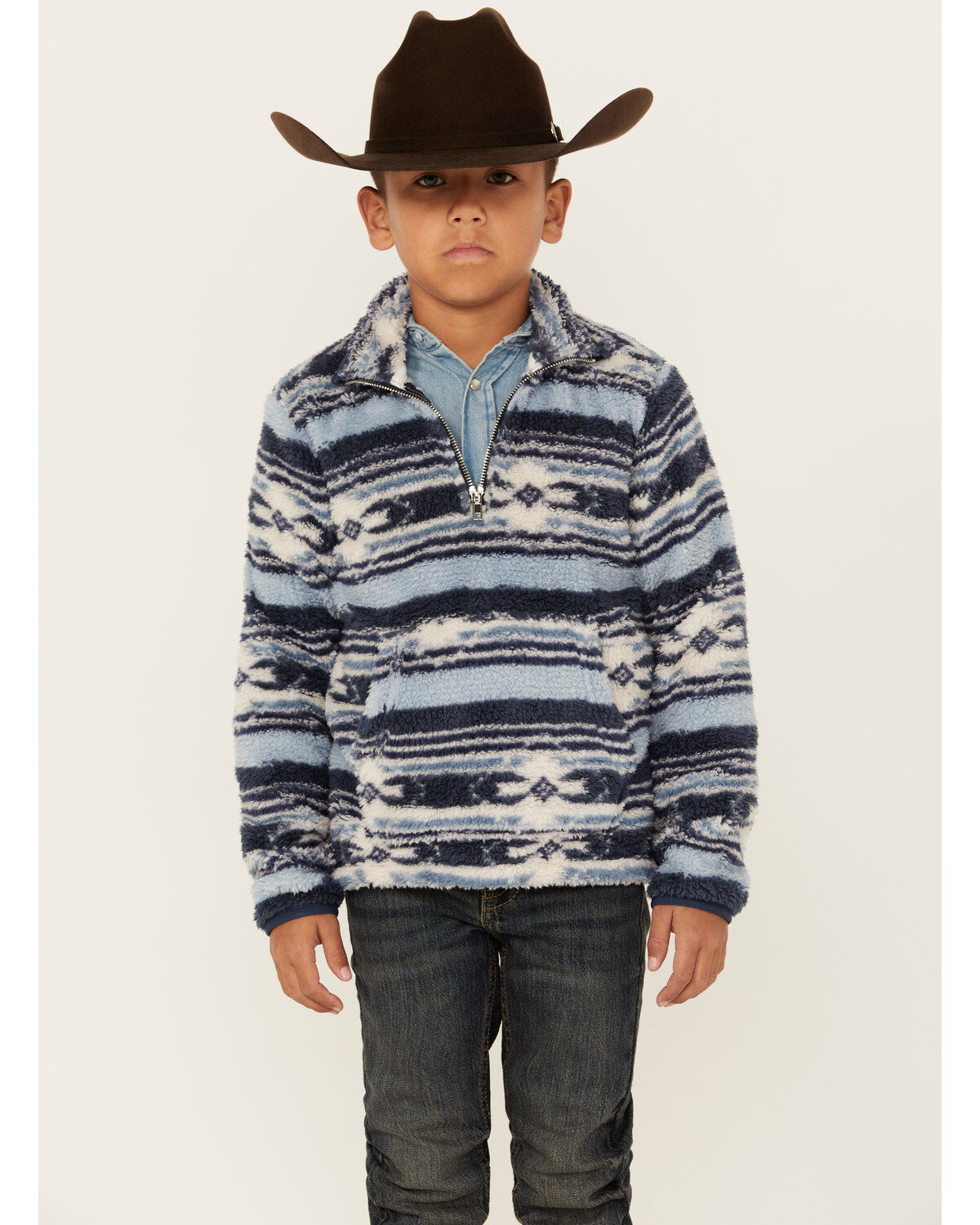 Boys' Rock & Roll Denim Southwestern Striped Fuzzy 1/4 Zip Pullover