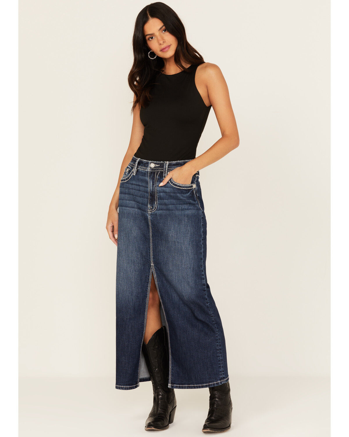 Women's Miss Me Dark Wash Denim Midi Skirt