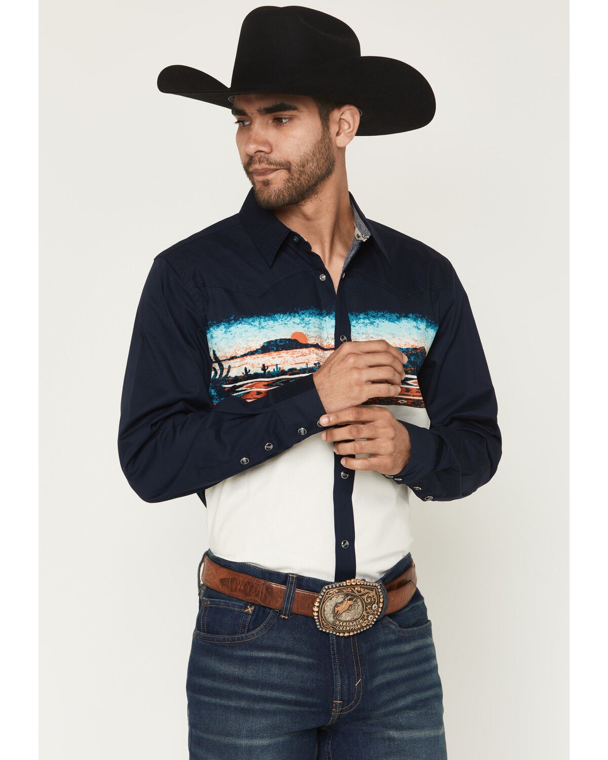 Men's RANK 45 Electric Desert Border Print Long Sleeve Snap Stretch W