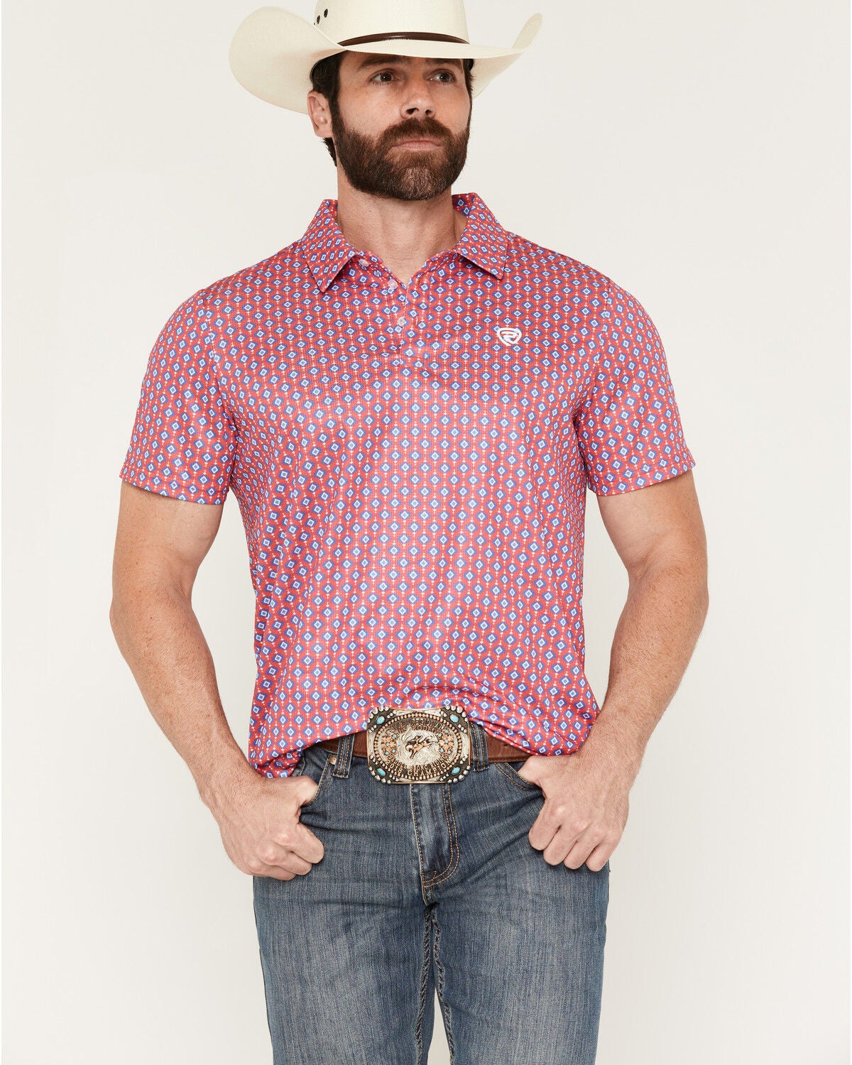 Men's Rock & Roll Denim Southwestern Print Short Sleeve Button-Down Po