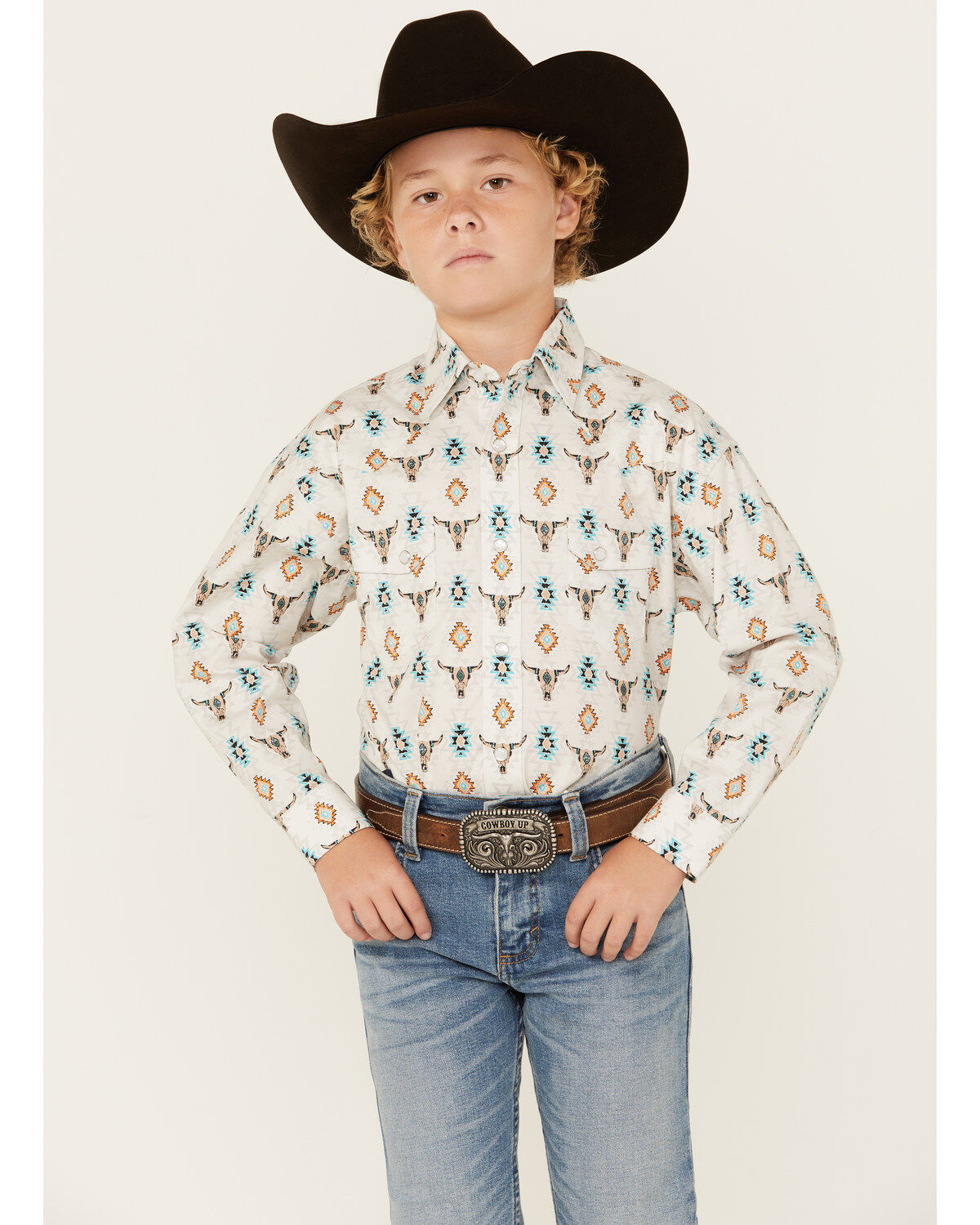 Boys' Rock & Roll Denim Steer Head Southwestern Print Long Sleeve Pear