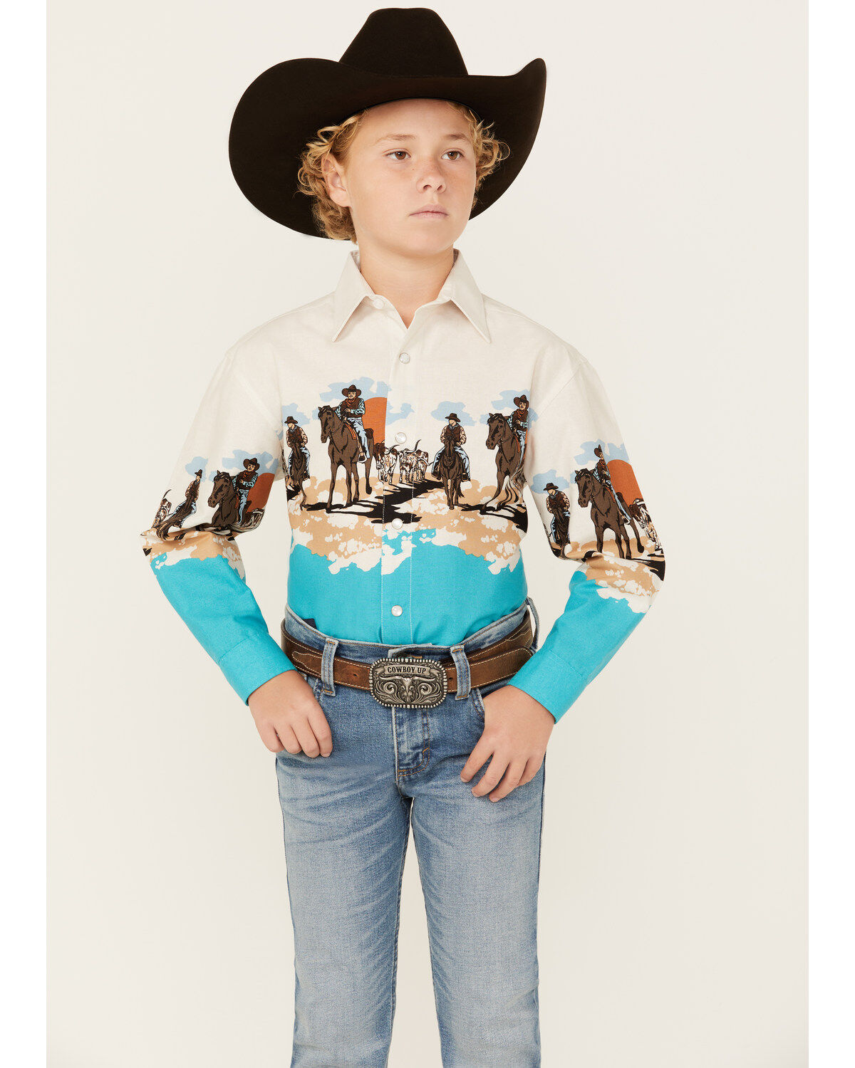 Boys' Panhandle Running Horse Border Print Long Sleeve Pearl Snap West