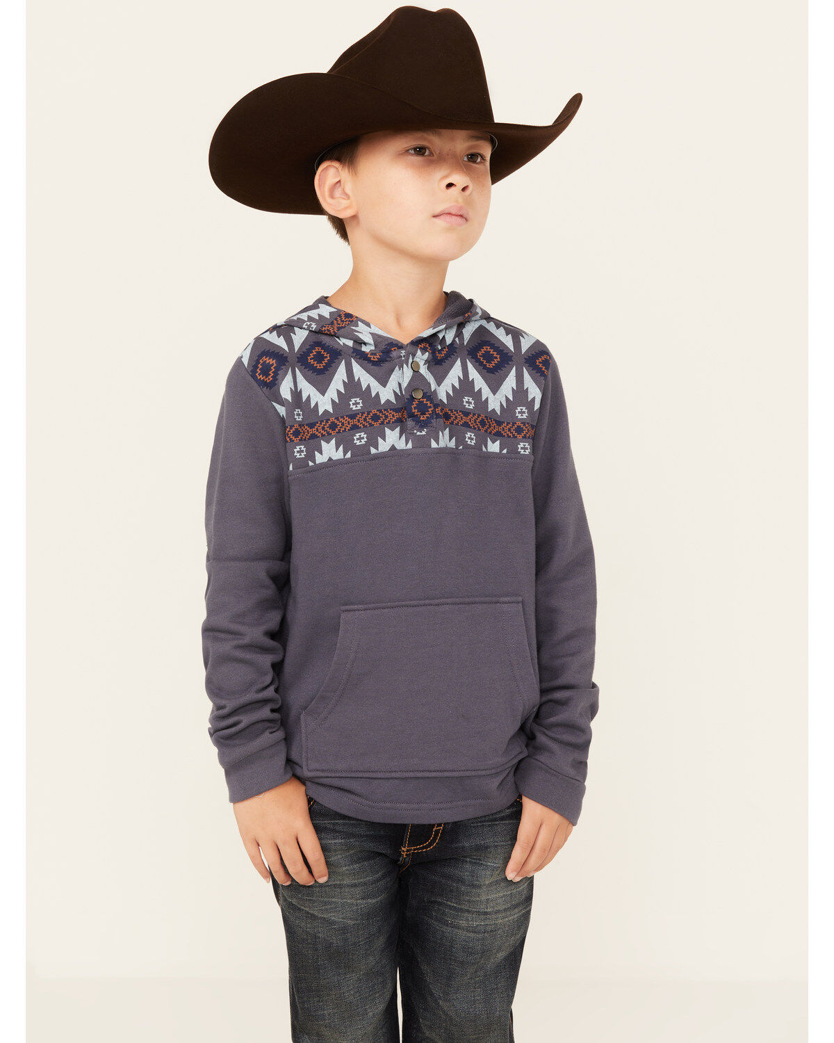 Boys' Rock & Roll Denim Southwestern Print Long Sleeve Hooded Pullover