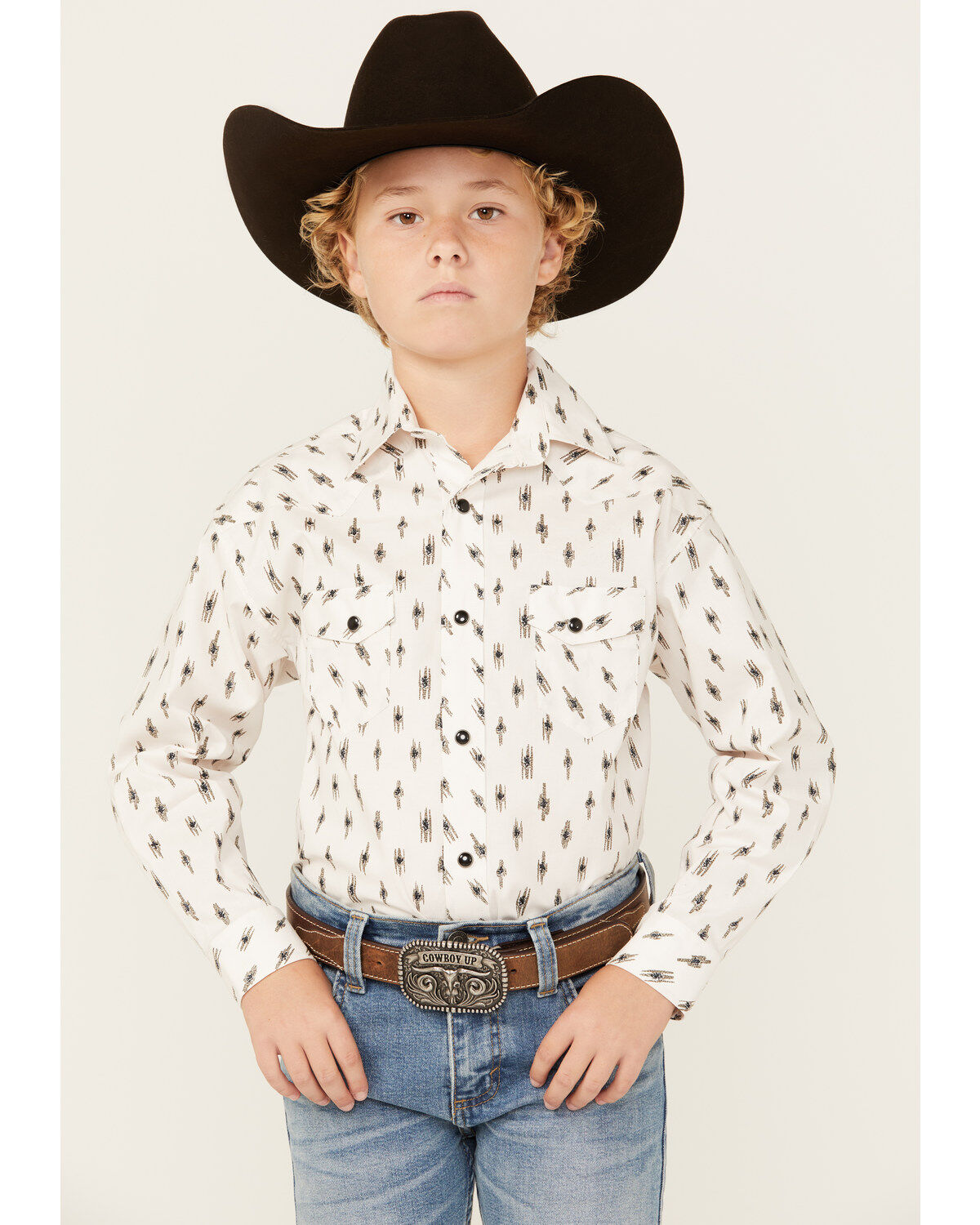 Boys' Rock & Roll Denim Abstract Geo Print Long Sleeve Snap Stretch We