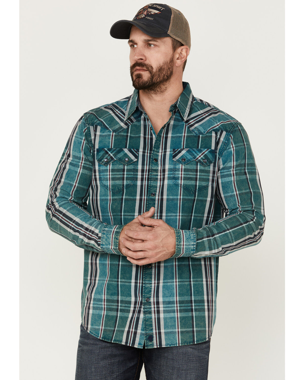 Men's Moonshine Spirit Marble Crackle Plaid Long Sleeve Snap Western S