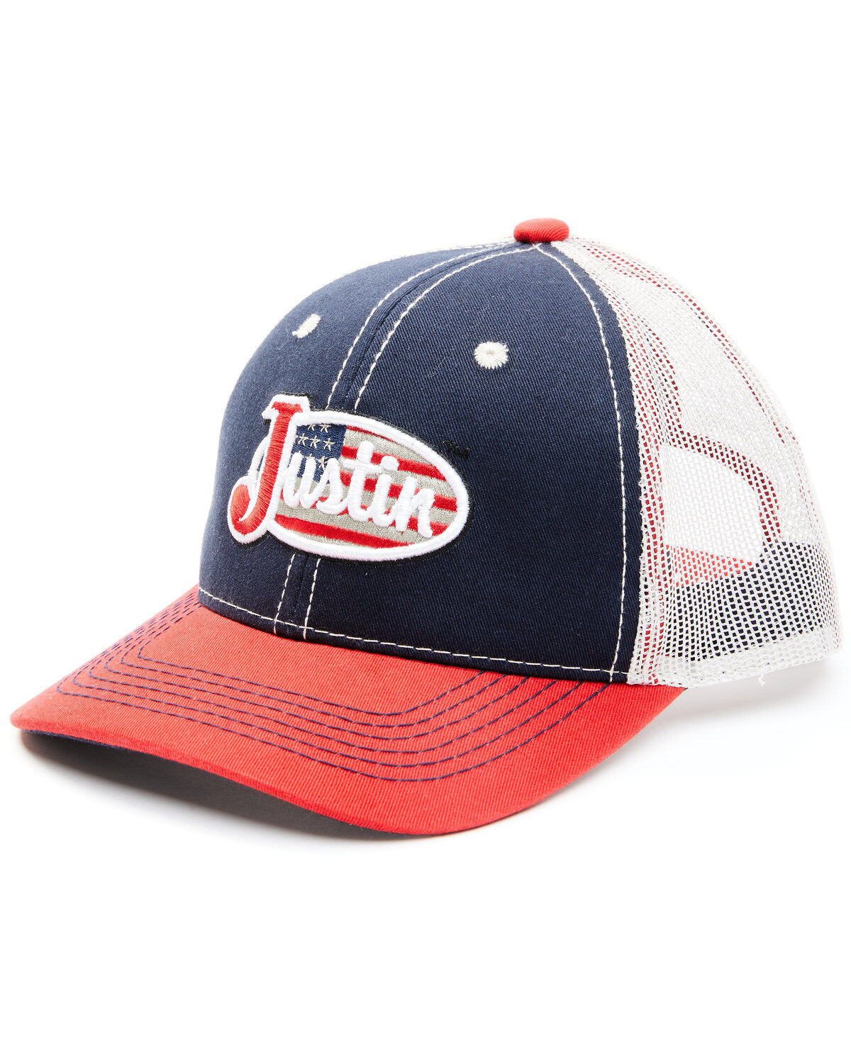 Men's Justin Navy Red & White Embroidered Flag Logo Mesh-Back Ball Cap