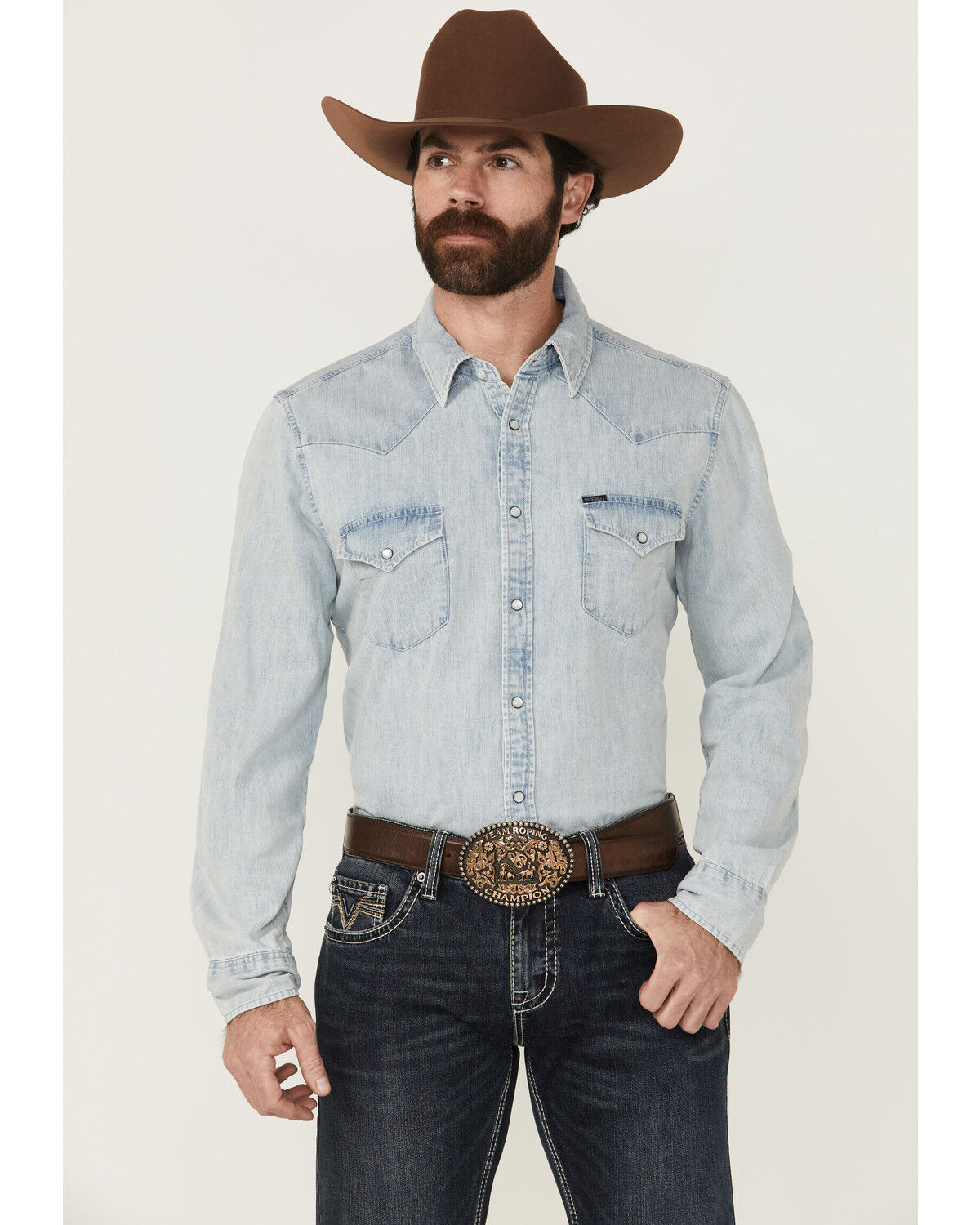 Men's Rock & Roll Denim Light Wash Long Sleeve Snap Denim Shirt