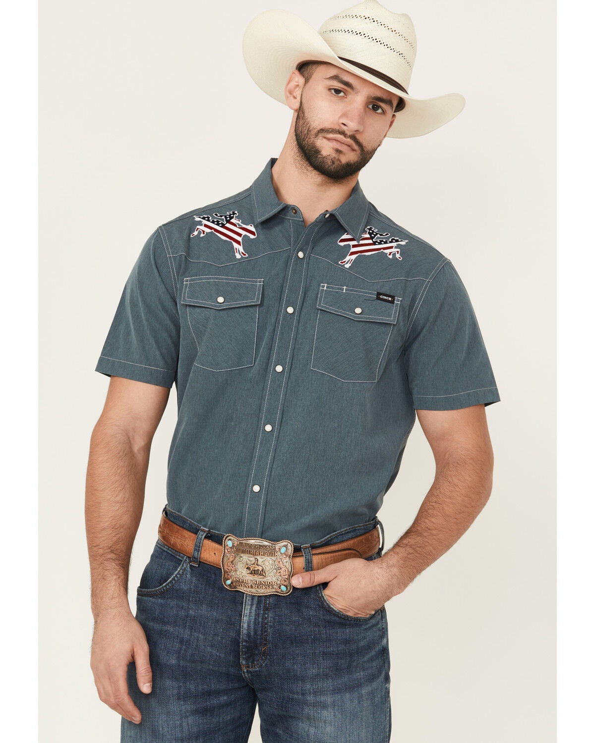 Men's Cinch Embroidered Americana Cowboy Short Sleeve Snap Western Shi