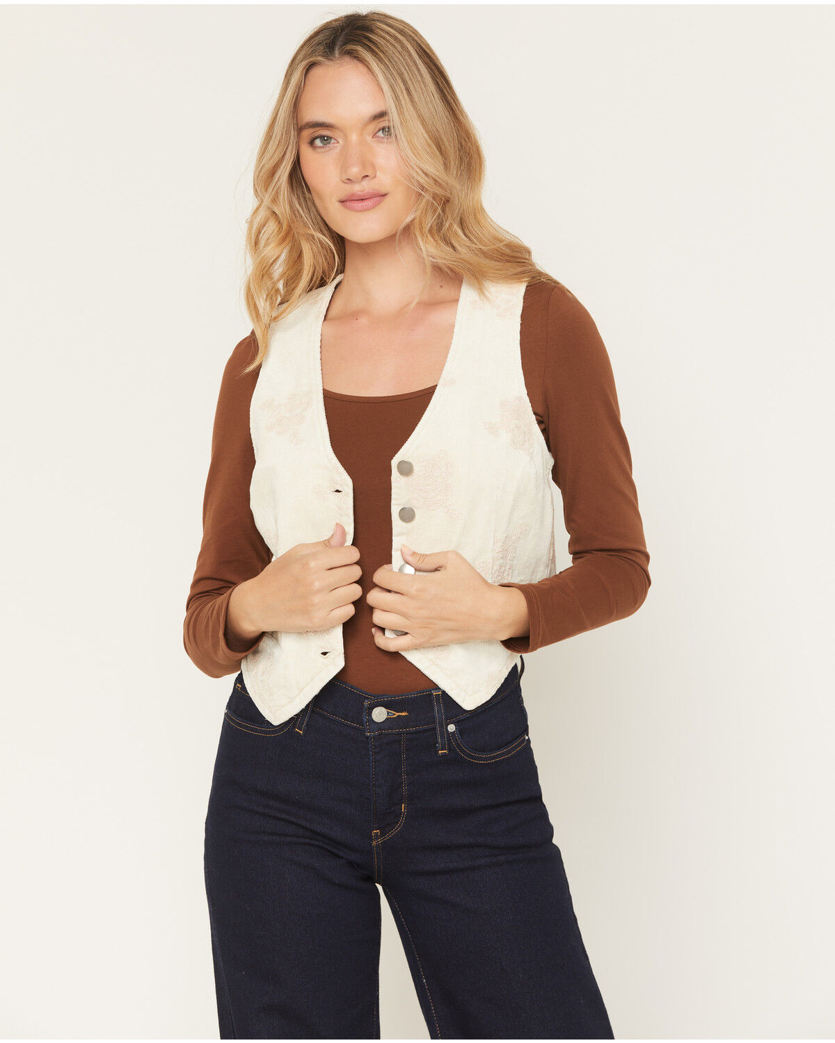 Women's Mystree Corduroy Floral Embroidered Vest