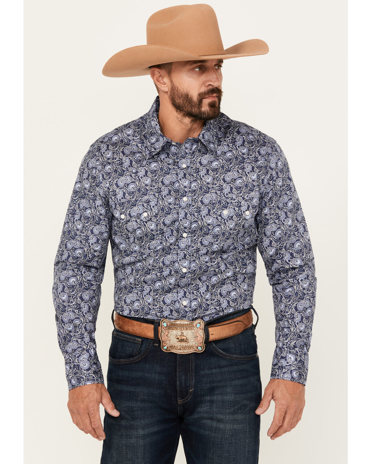 Men's Rock & Roll Denim Paisley Print Long Sleeve Snap Stretch Western