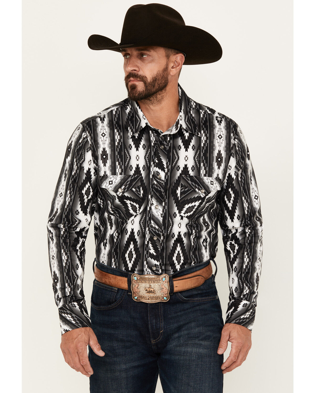 Men's Rock & Roll Denim Southwestern Print Long Sleeve Pearl Snap Stre