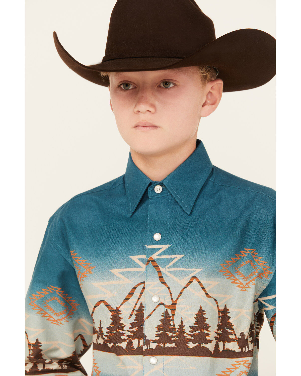 Boys' Panhandle Southwestern Mountain Border Long Sleeve Pearl Snap We