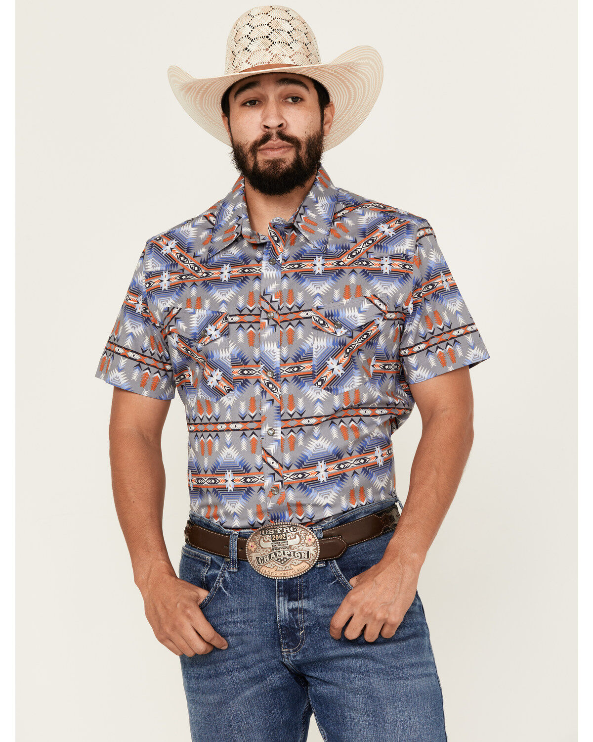 Men's Rock & Roll Demin Southwestern Print Short Sleeve Pearl Snap Str