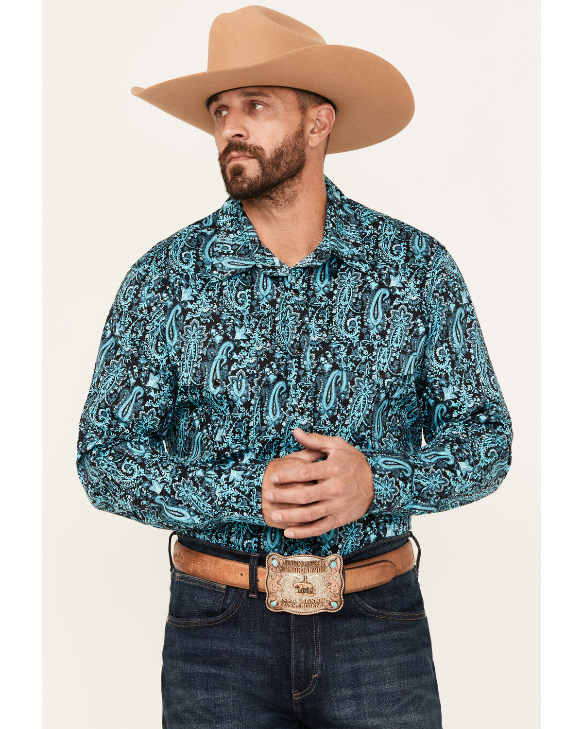 Men's Rock & Roll Denim Paisley Print Long Sleeve Snap Stretch Western