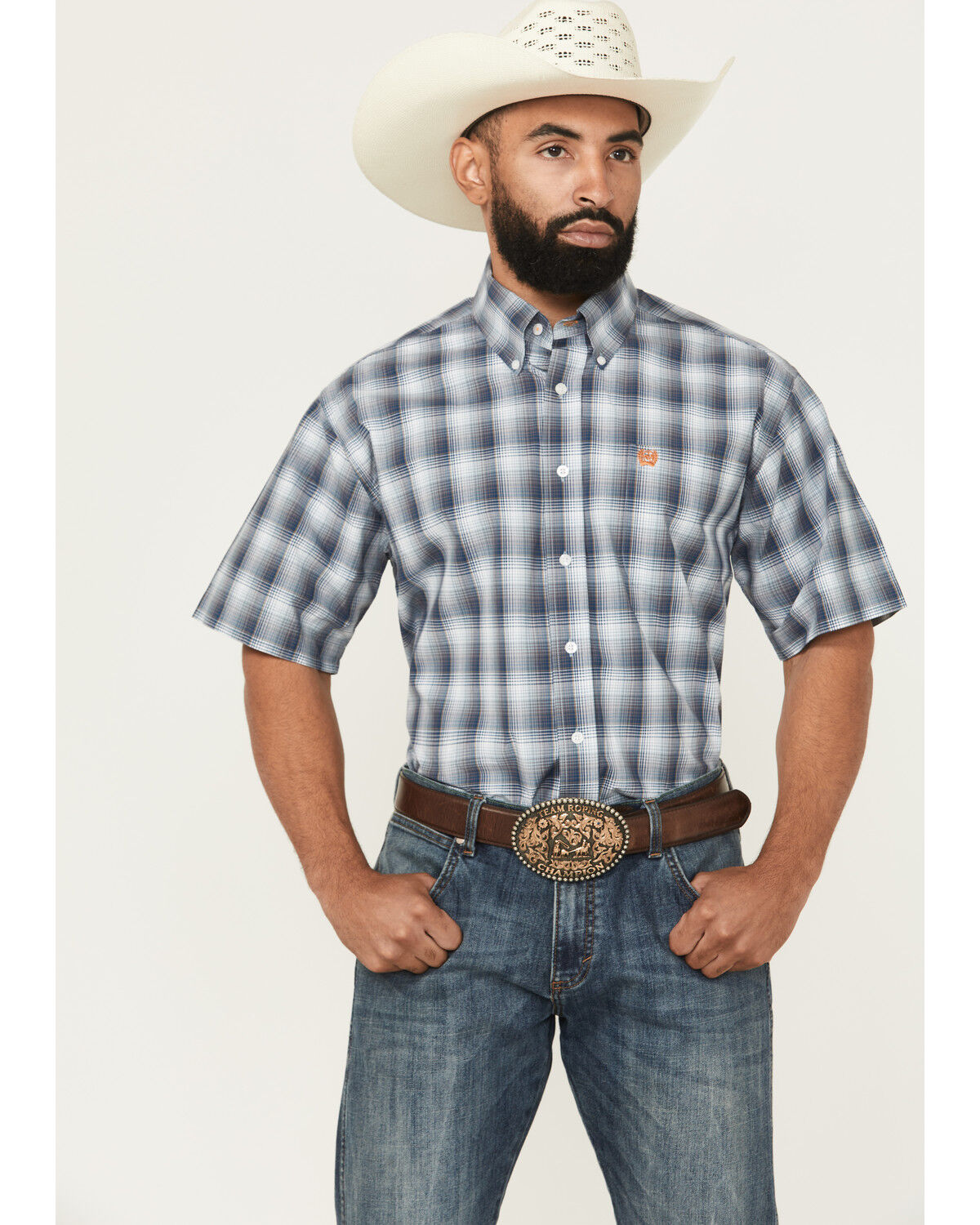 Men's Cinch Plaid Print Short Sleeve Button-Down Western Shirt