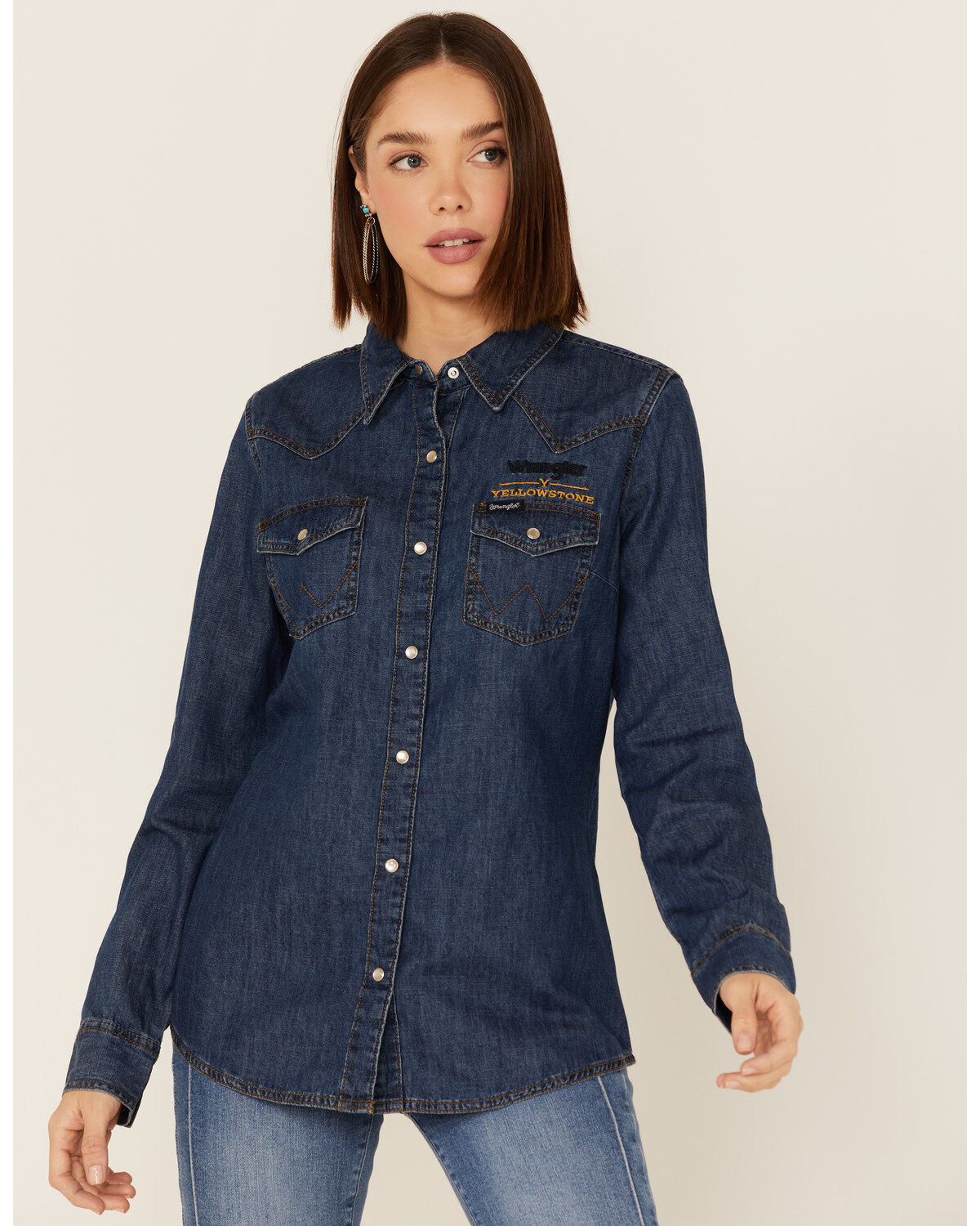 Women's Wrangler X Yellowstone Metallic Screen Print Pearl Snap Denim